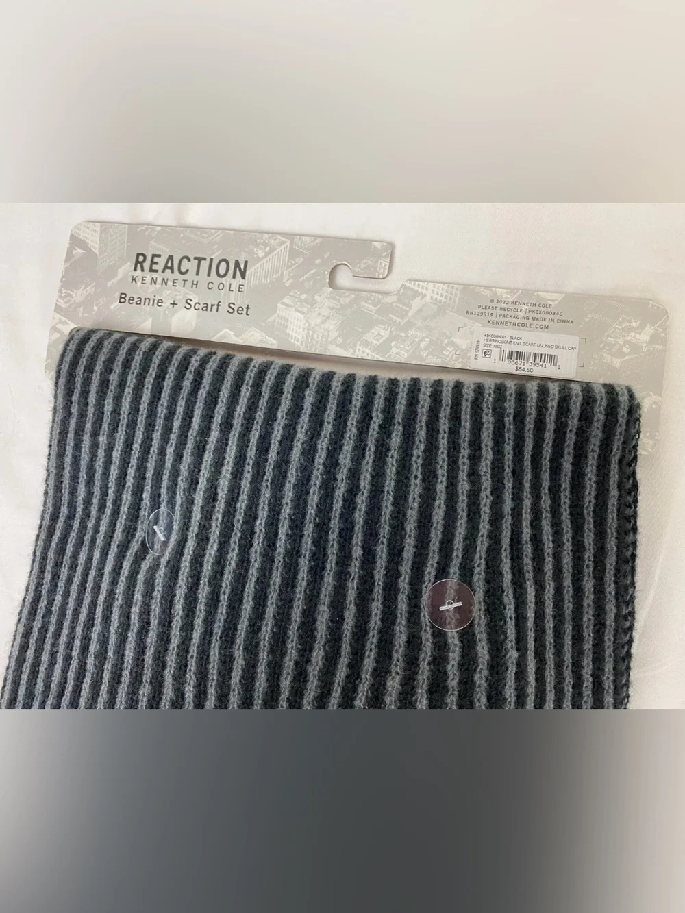 Kenneth Cole Men’s Black and Gray Striped Beanie & Scarf Set